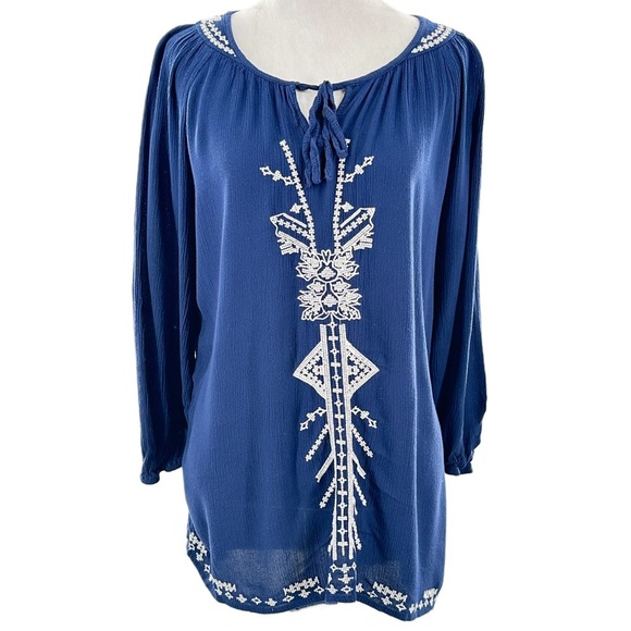 DB womens top size M navy blue embroidered boho bohemian - Picture 1 of 11